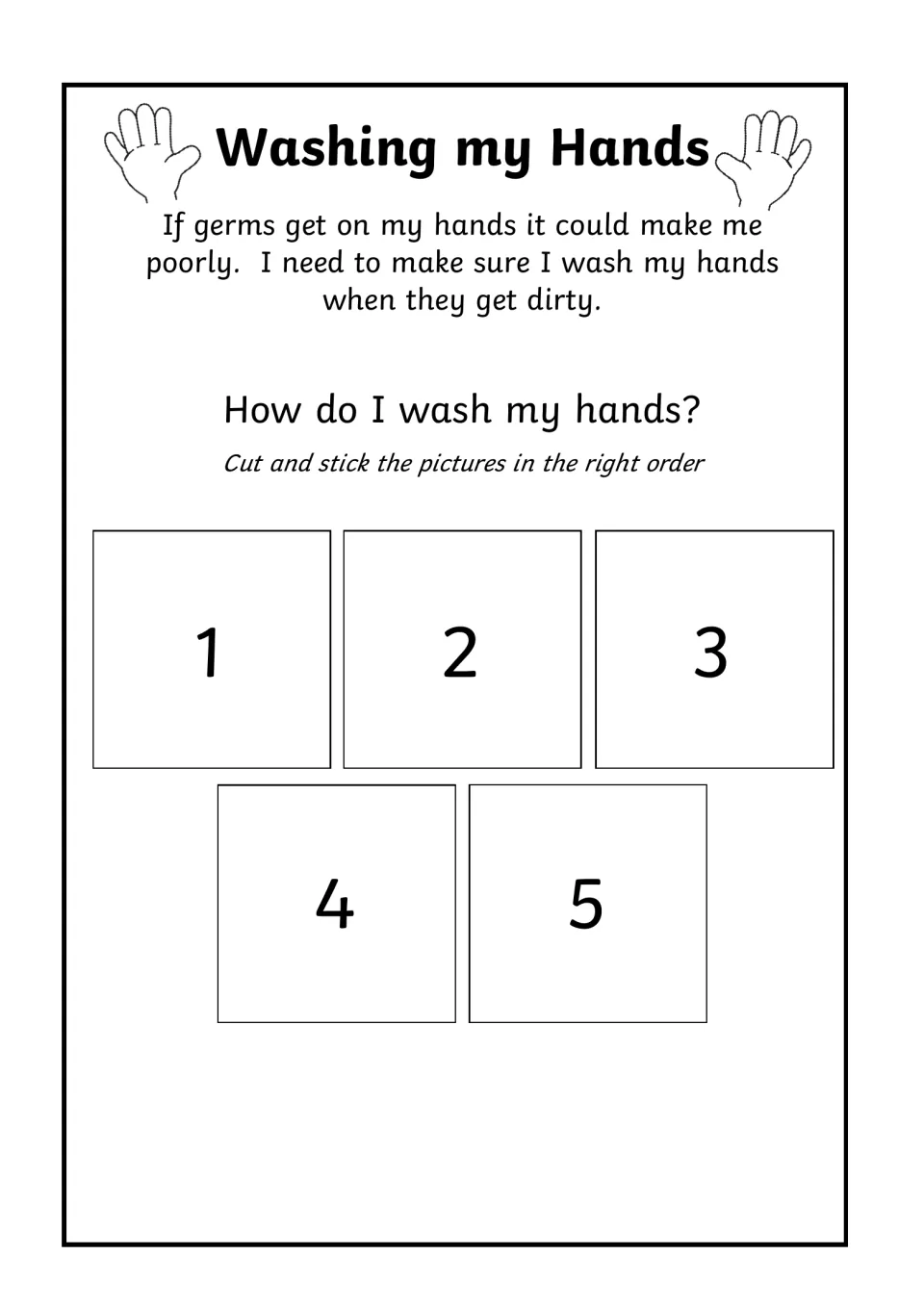 Washing my Hands: students sequence five handwashing steps by sticking cut-out pictures into numbered spaces 1 to 5
