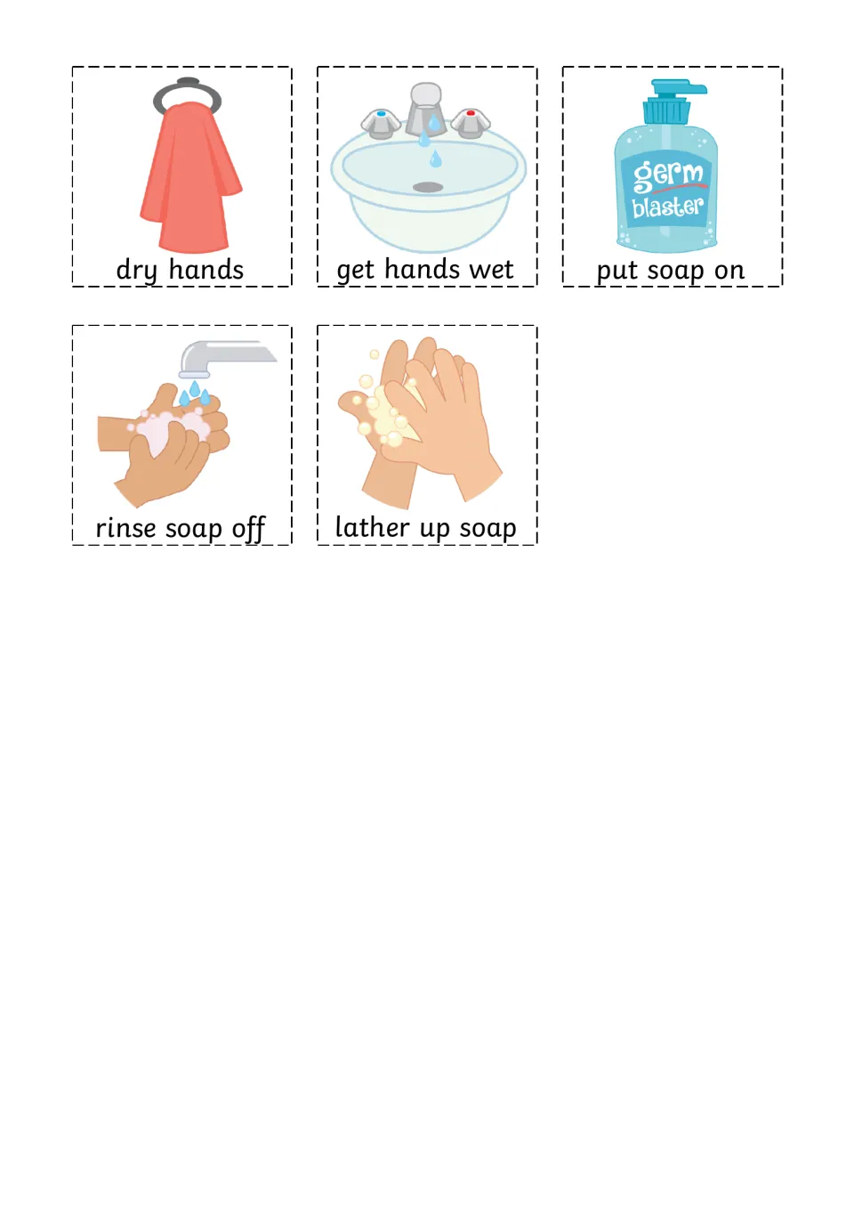 Handwashing picture cards to cut out: get hands wet, put soap on, lather up soap, rinse soap off and dry hands