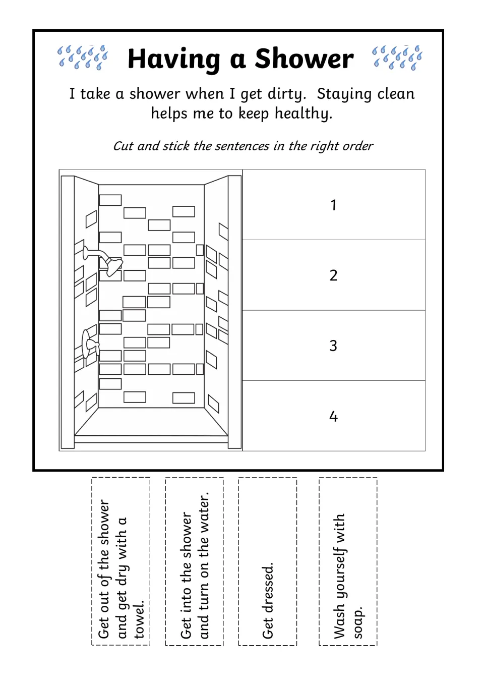 Having a Shower: students order four cut-out sentences, from getting in and turning on the water to getting dressed