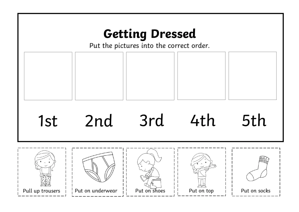 Getting Dressed sequencing with a girl: order cut-out cards for underwear, trousers, top, socks and shoes from 1st to 5th