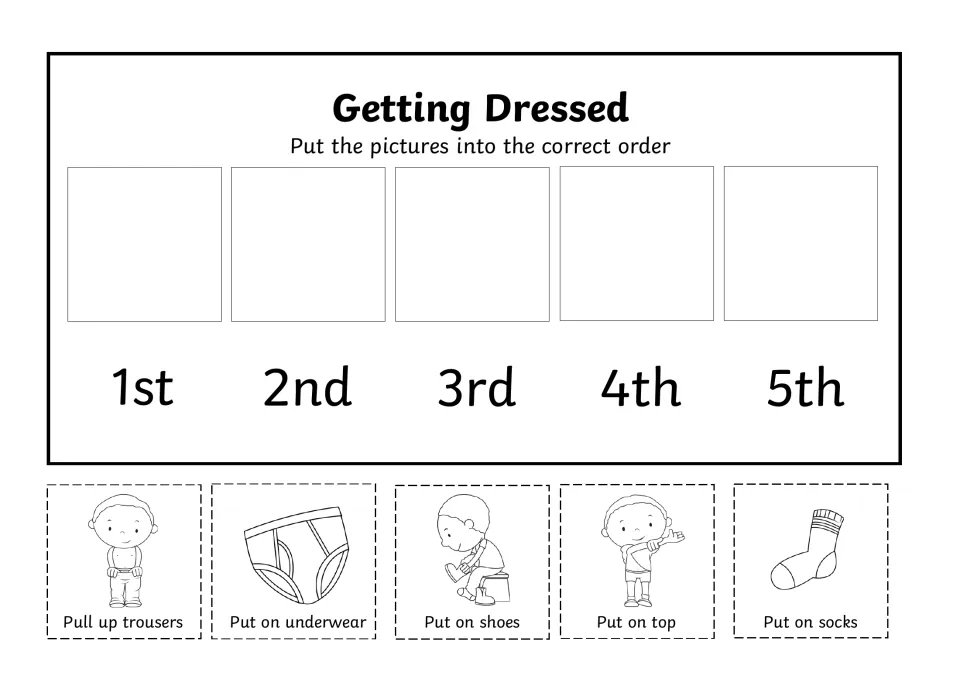 Getting Dressed, boy version: students order five cut-out cards like put on underwear and pull up trousers, 1st to 5th