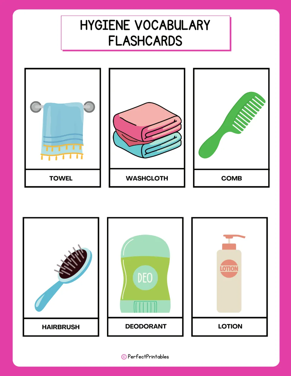 Hygiene flashcards 7–12: towel, washcloth, comb, hairbrush, deodorant, and lotion, each illustrated