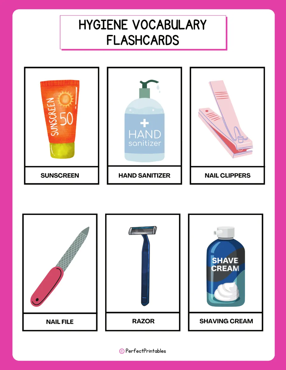 Hygiene flashcards 13–18: sunscreen, hand sanitizer, nail clippers, nail file, razor, and shaving cream