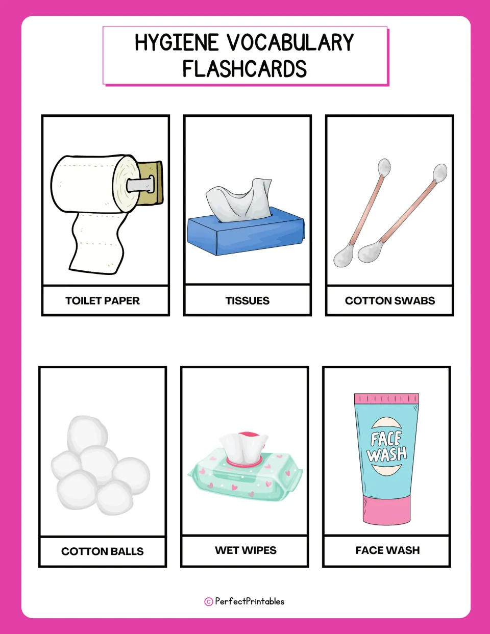 Hygiene flashcards 19–24: toilet paper, tissues, cotton swabs, cotton balls, wet wipes, and face wash