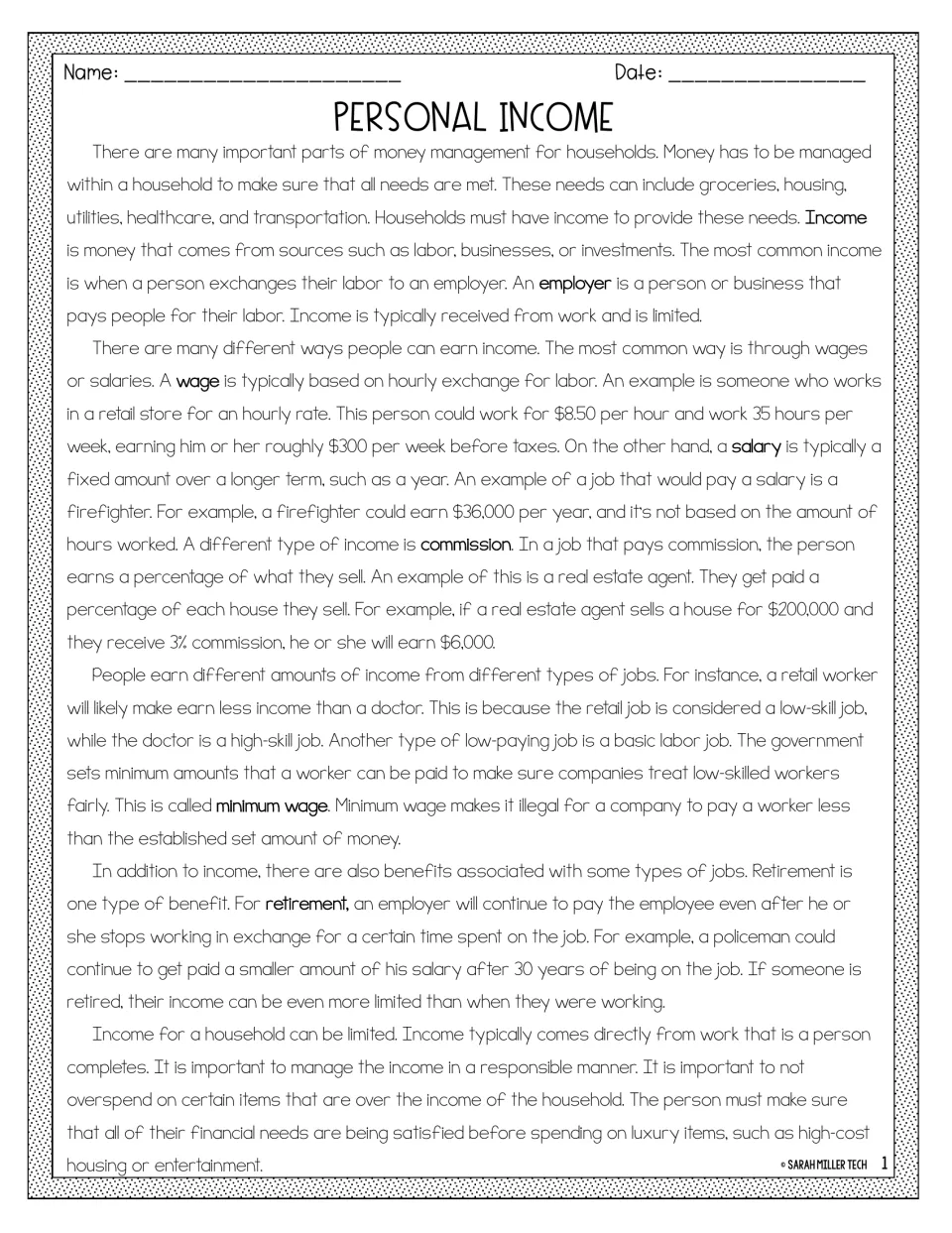 Personal income passage: students read about wages, salaries, commission, minimum wage and retirement benefits
