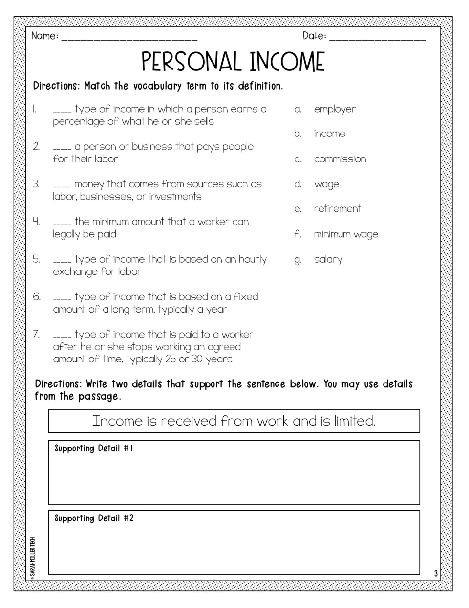 Income vocabulary matching: students match 7 definitions to terms, then write two details supporting a main idea