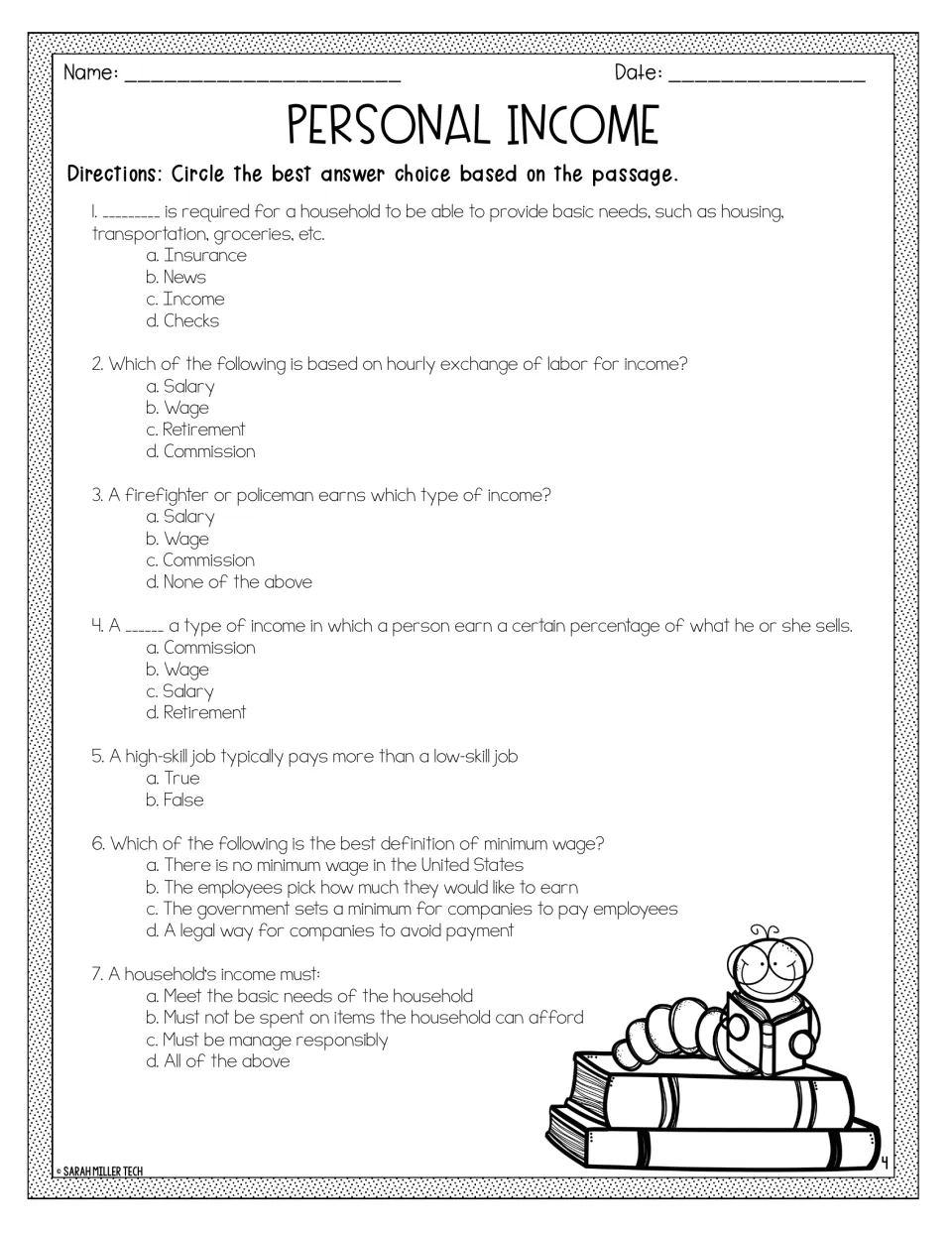 Income comprehension quiz: students circle answers to 7 multiple-choice and true/false questions on types of income