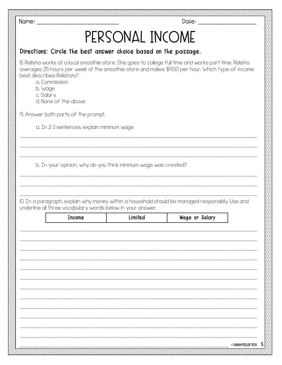 Income questions 8 to 10: students classify Relisha's pay, explain minimum wage and write a paragraph on managing money