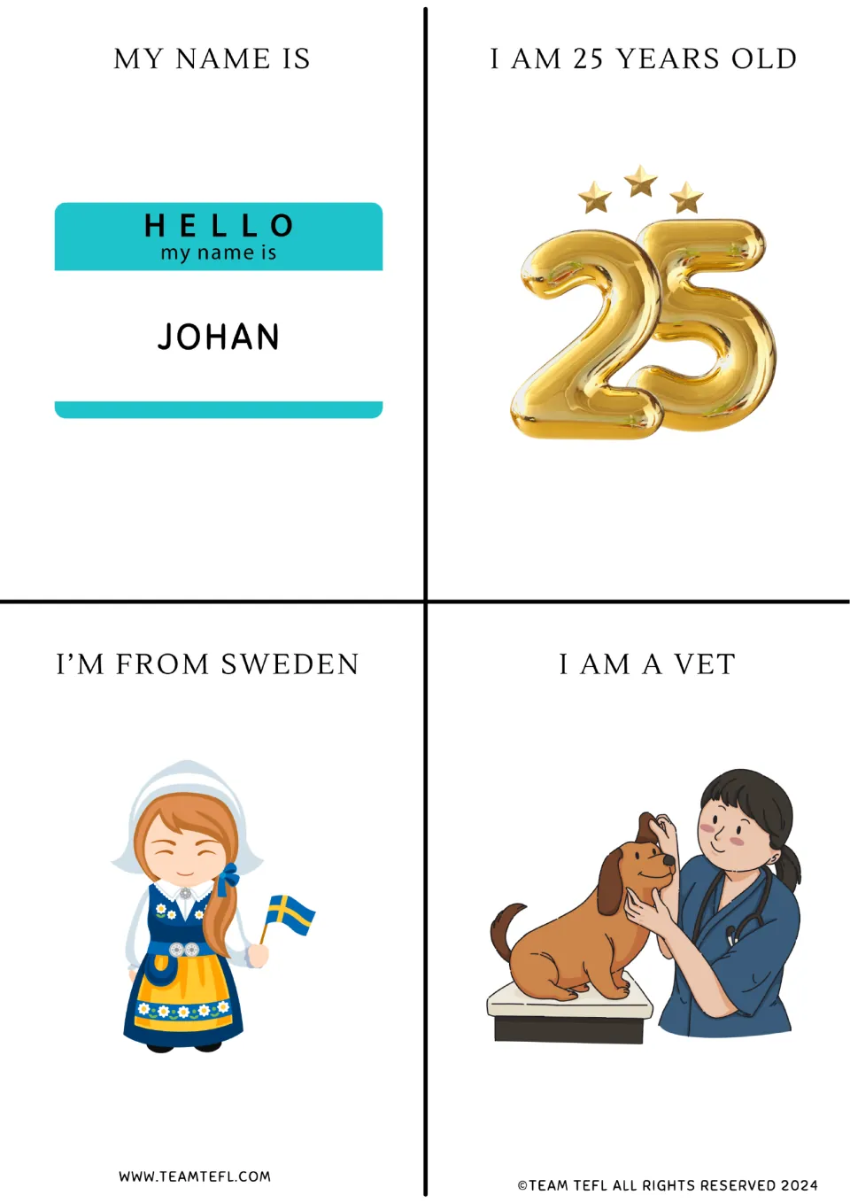 Personal information flashcards: My name is Johan, I am 25 years old, I'm from Sweden and I am a vet, each with a picture