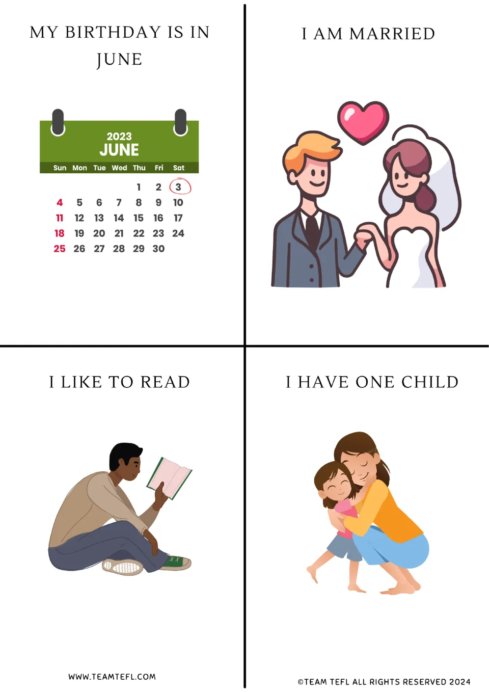 Personal details flashcards: My birthday is in June, I am married, I like to read and I have one child, each illustrated