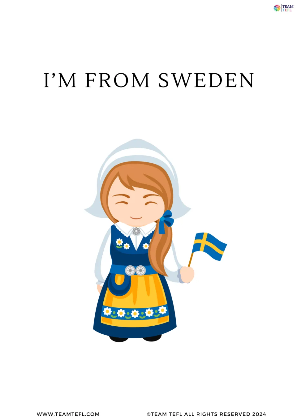 Flashcard "I'm from Sweden" showing a girl in folk dress waving the Swedish flag, modeling how to name your country