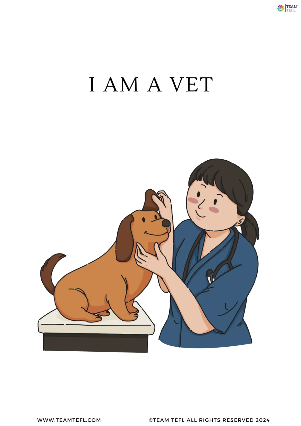 Flashcard "I am a vet" showing a veterinarian with a stethoscope examining a dog on a table, modeling how to state a job