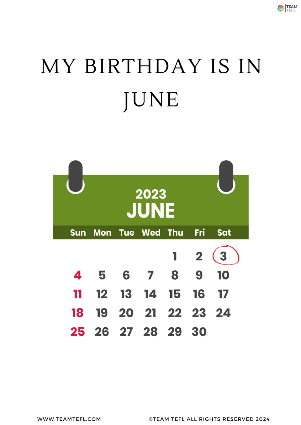 Flashcard "My birthday is in June" with a June 2023 calendar and the 3rd circled in red, modeling how to say birth month
