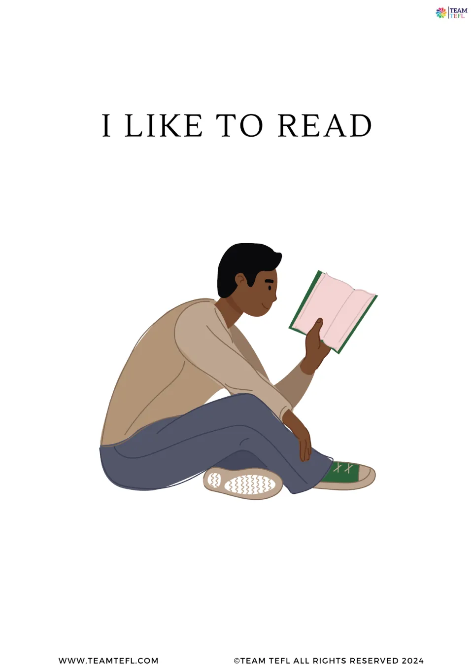 Flashcard "I like to read" showing a man sitting cross-legged reading a book, modeling how to talk about hobbies and likes