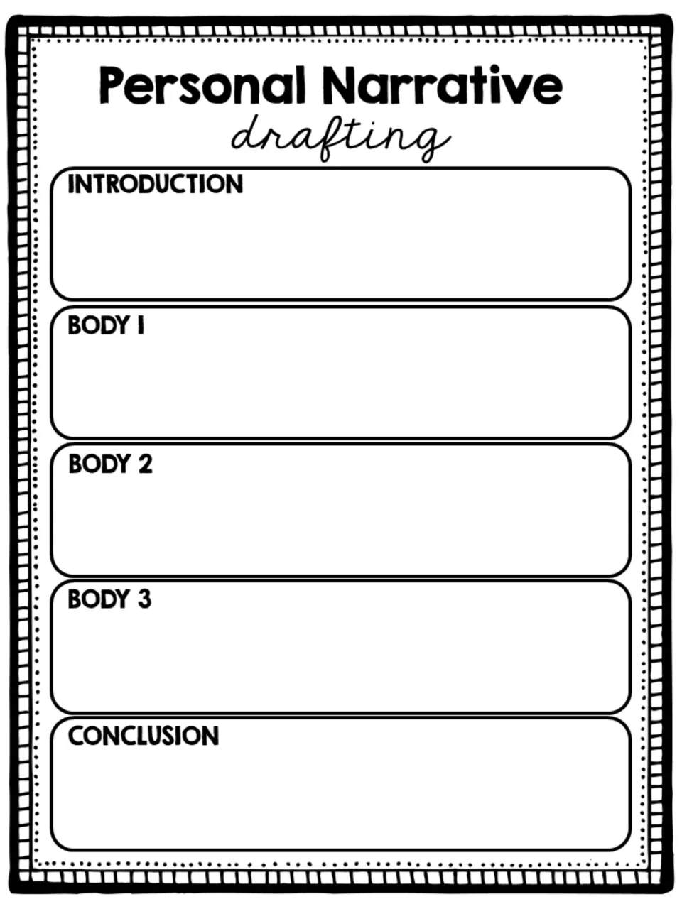 Personal narrative drafting: students write sentences for the introduction, body 1, body 2, body 3 and conclusion in order