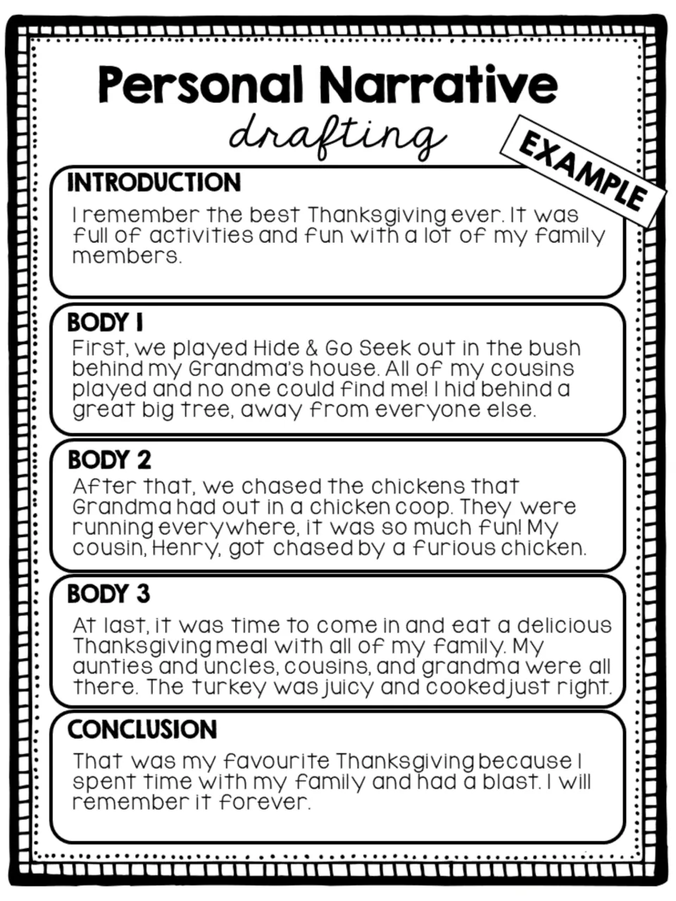 Drafting example: a Thanksgiving story ordered with first, after that and at last, from hide and seek to the family meal