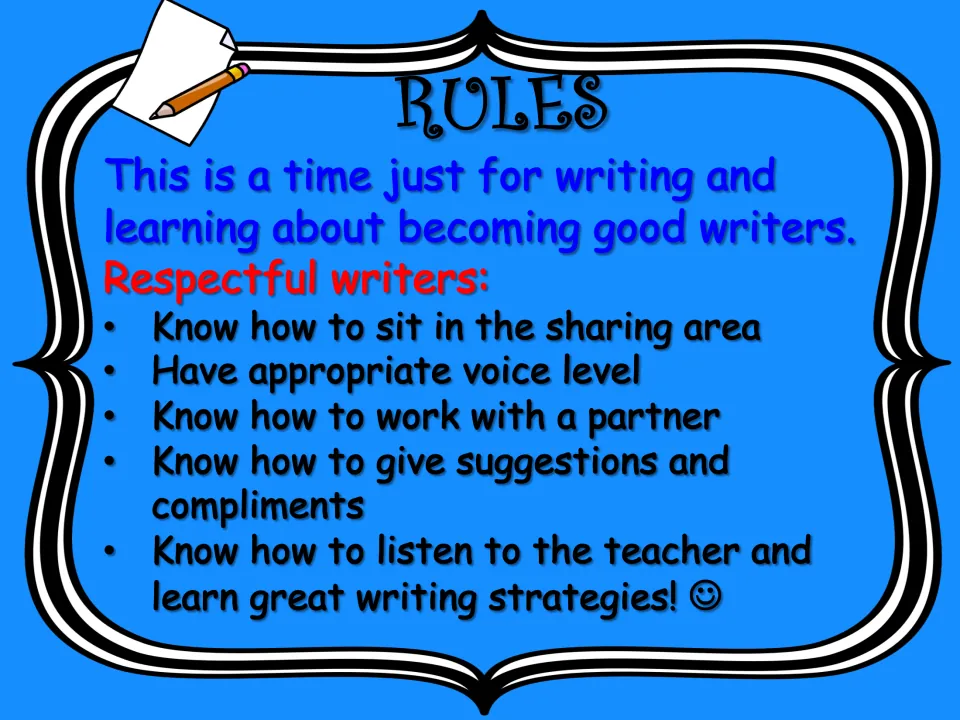 Workshop rules cover sharing-area seating, voice level, partner work, suggestions, compliments, and listening.