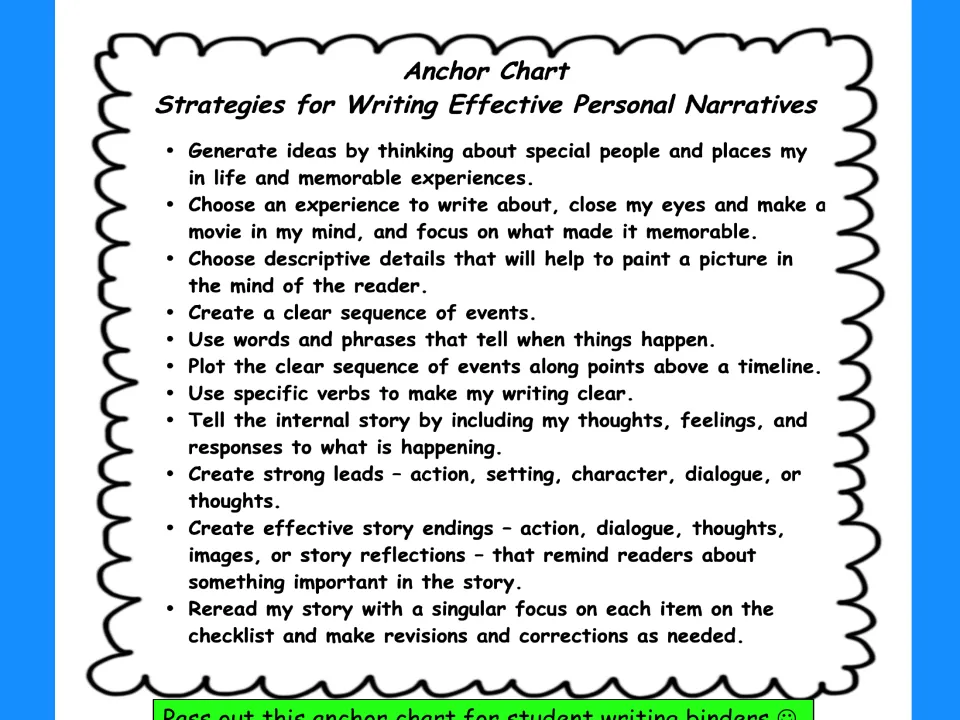 Personal narrative anchor chart lists strategies for ideas, details, event sequence, leads, endings, and revision.