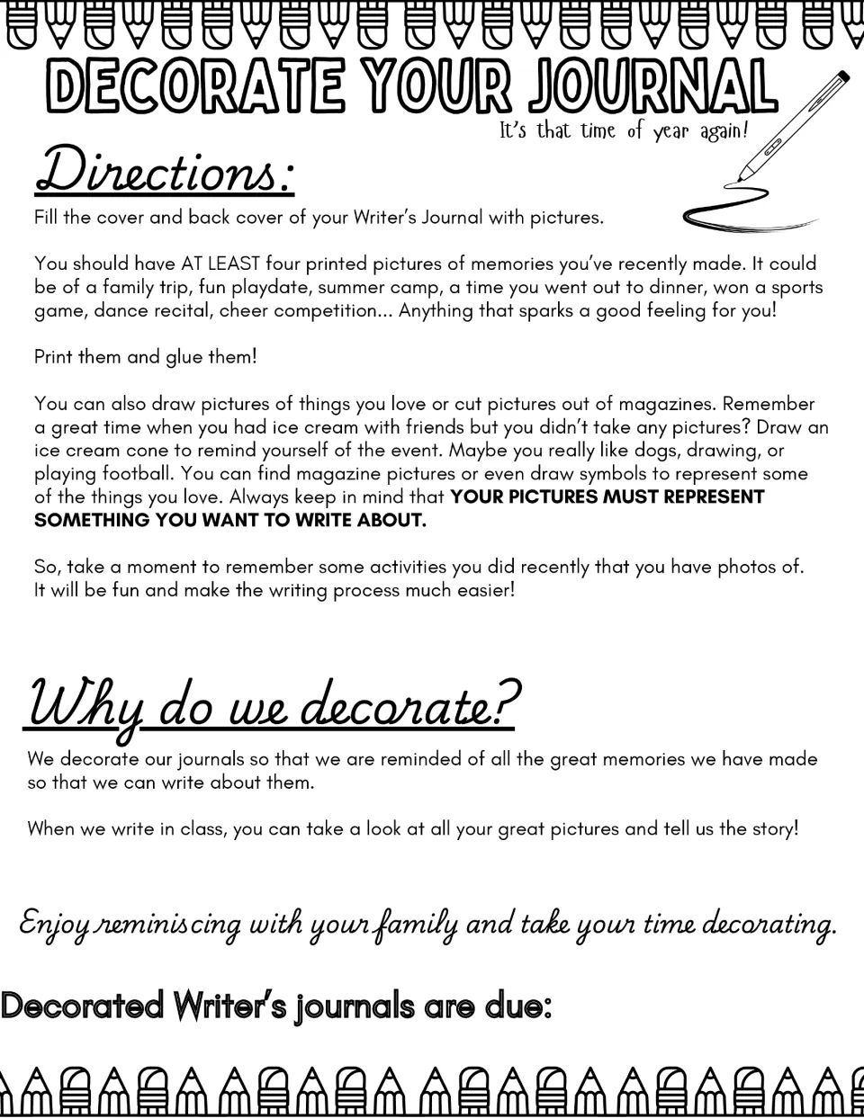 Decorate Your Journal directions: students glue at least four photos of recent memories on their Writer's Journal covers