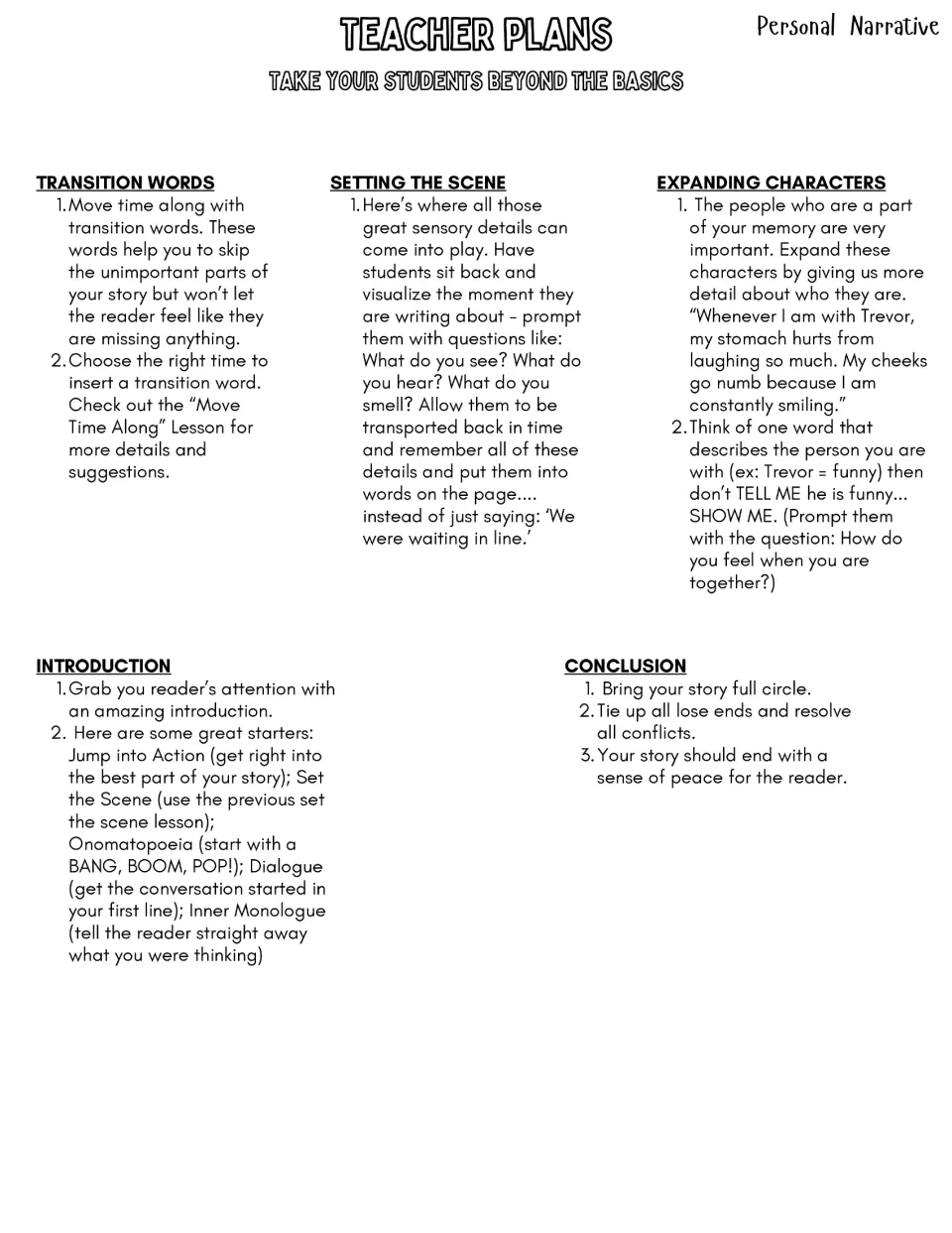 Teacher notes on transition words, setting the scene, expanding characters, story introductions and conclusions