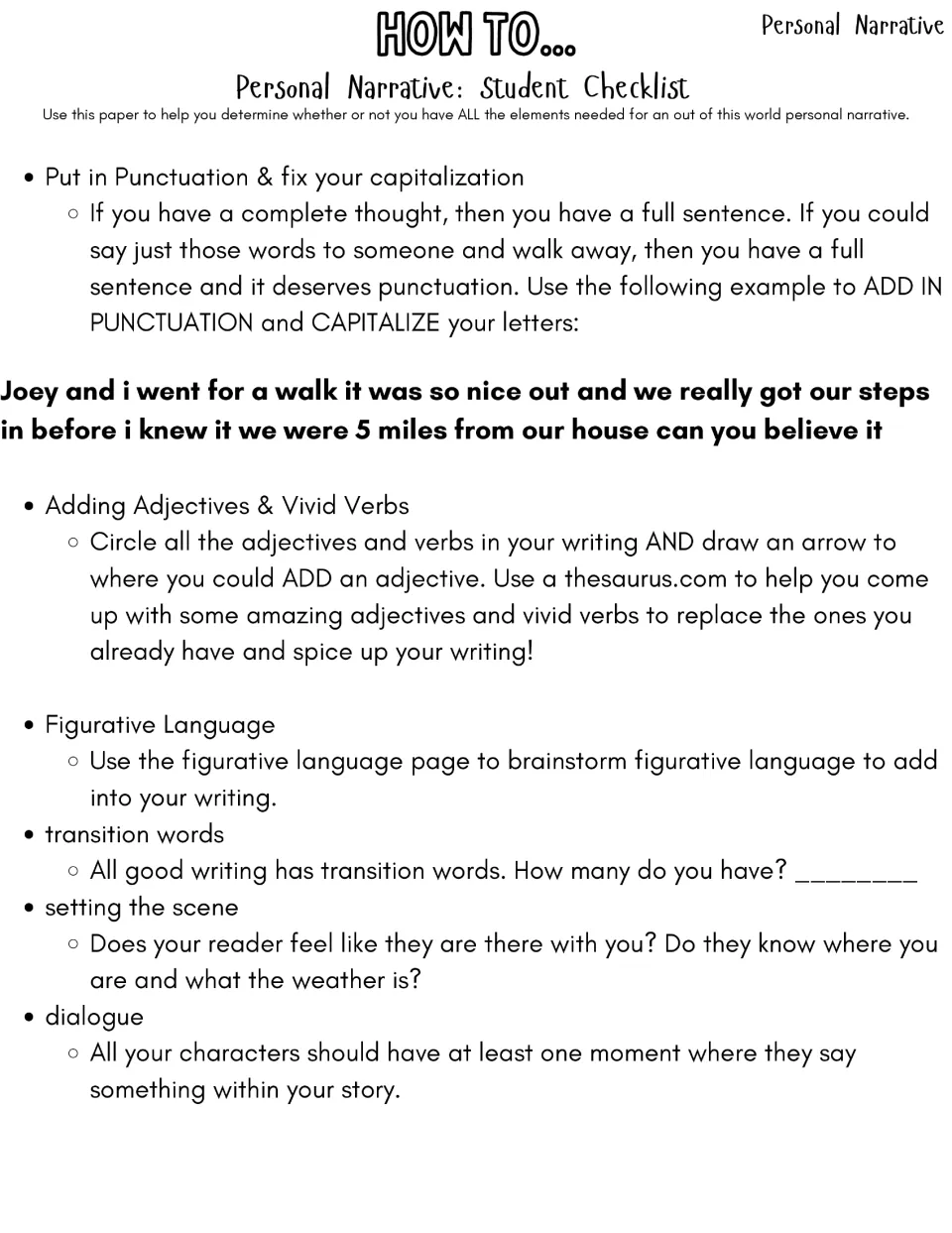 Student checklist part 1: fix punctuation in a run-on sample, add adjectives and verbs, transitions, setting and dialogue