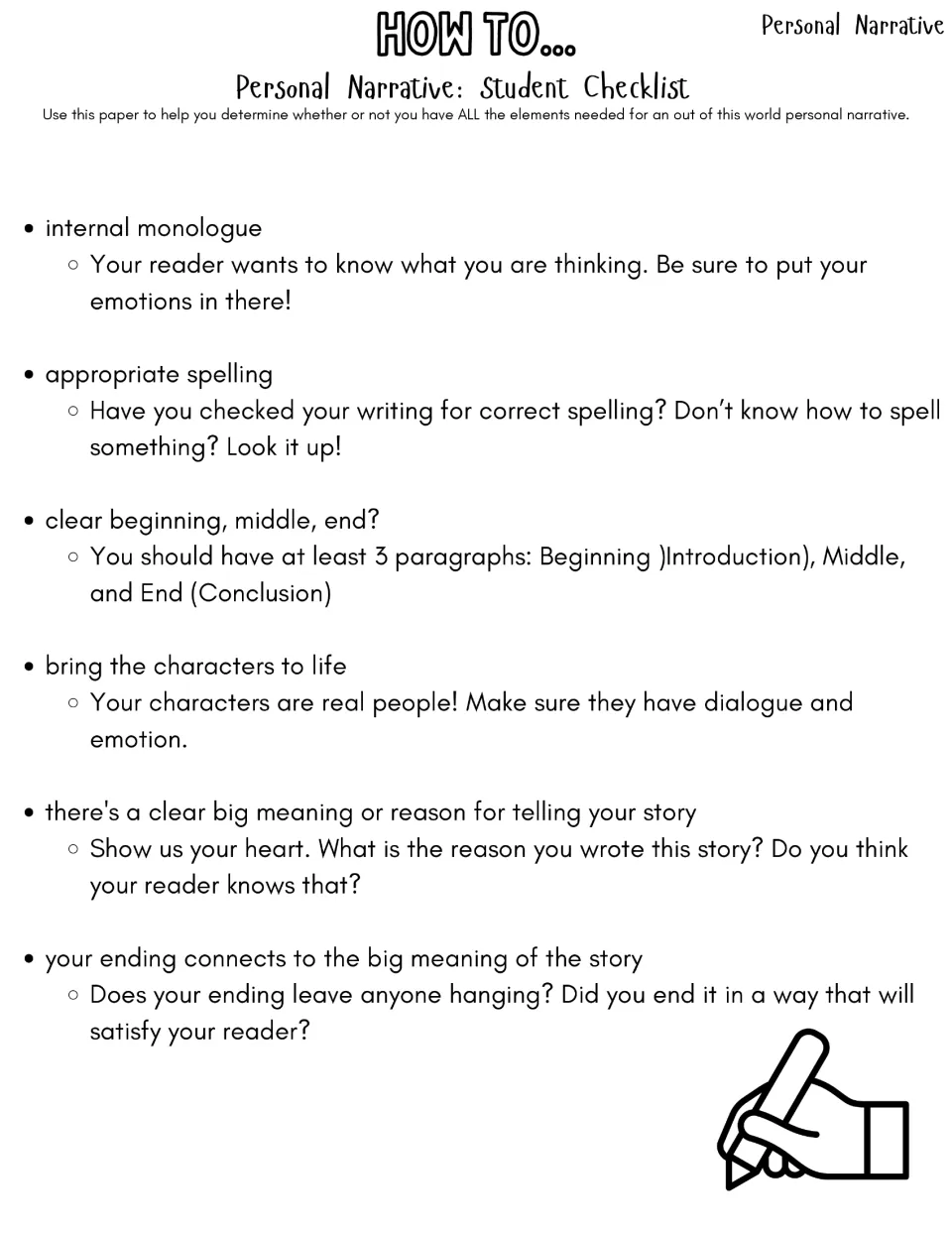Student checklist part 2: internal monologue, spelling, beginning-middle-end, characters, big meaning and ending