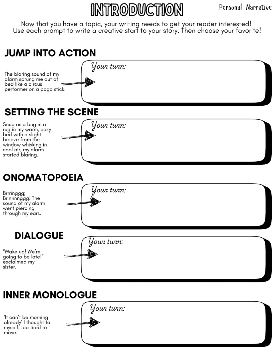 Introduction: students write five story openings (action, scene, onomatopoeia, dialogue, inner monologue) after models