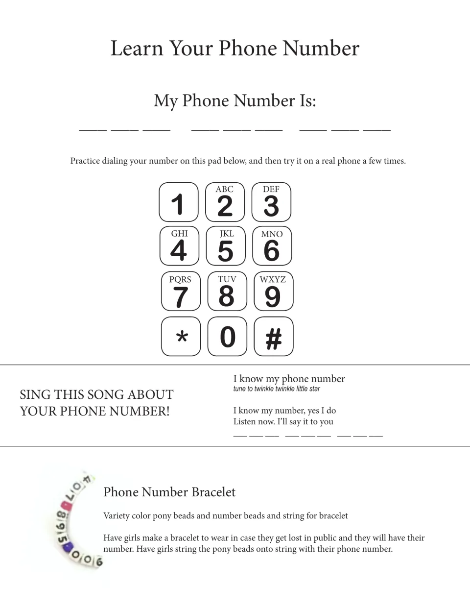 Learn your phone number: students write it, practise dialing on a keypad, sing a number song and make a bead bracelet