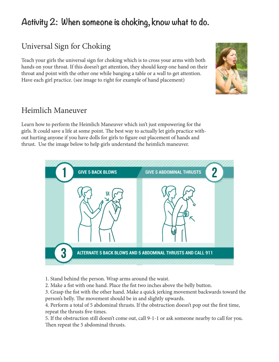 Choking safety: students learn the universal choking sign and practise Heimlich steps of back blows and abdominal thrusts