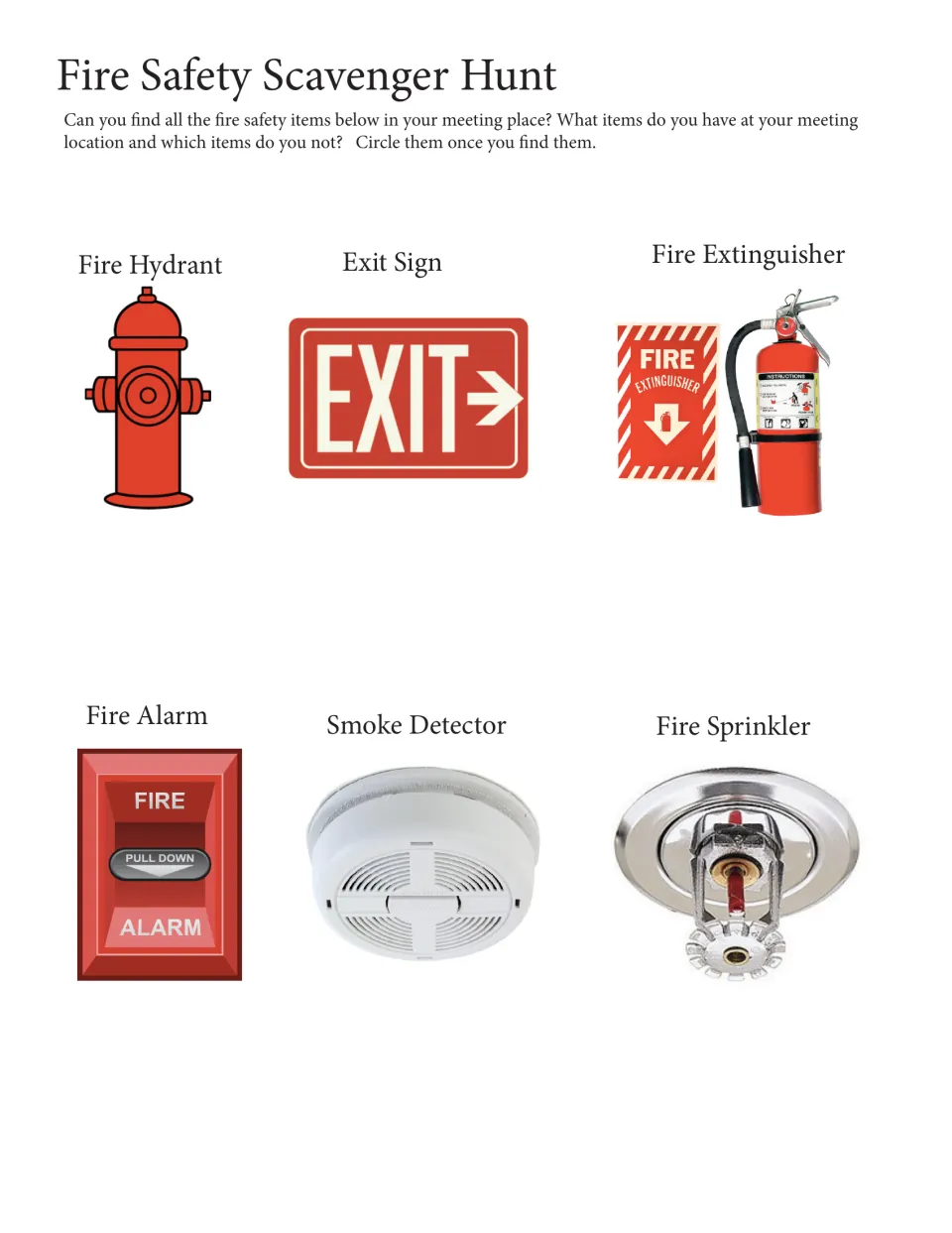 Fire safety scavenger hunt: students circle a hydrant, exit sign, extinguisher, alarm, smoke detector and sprinkler
