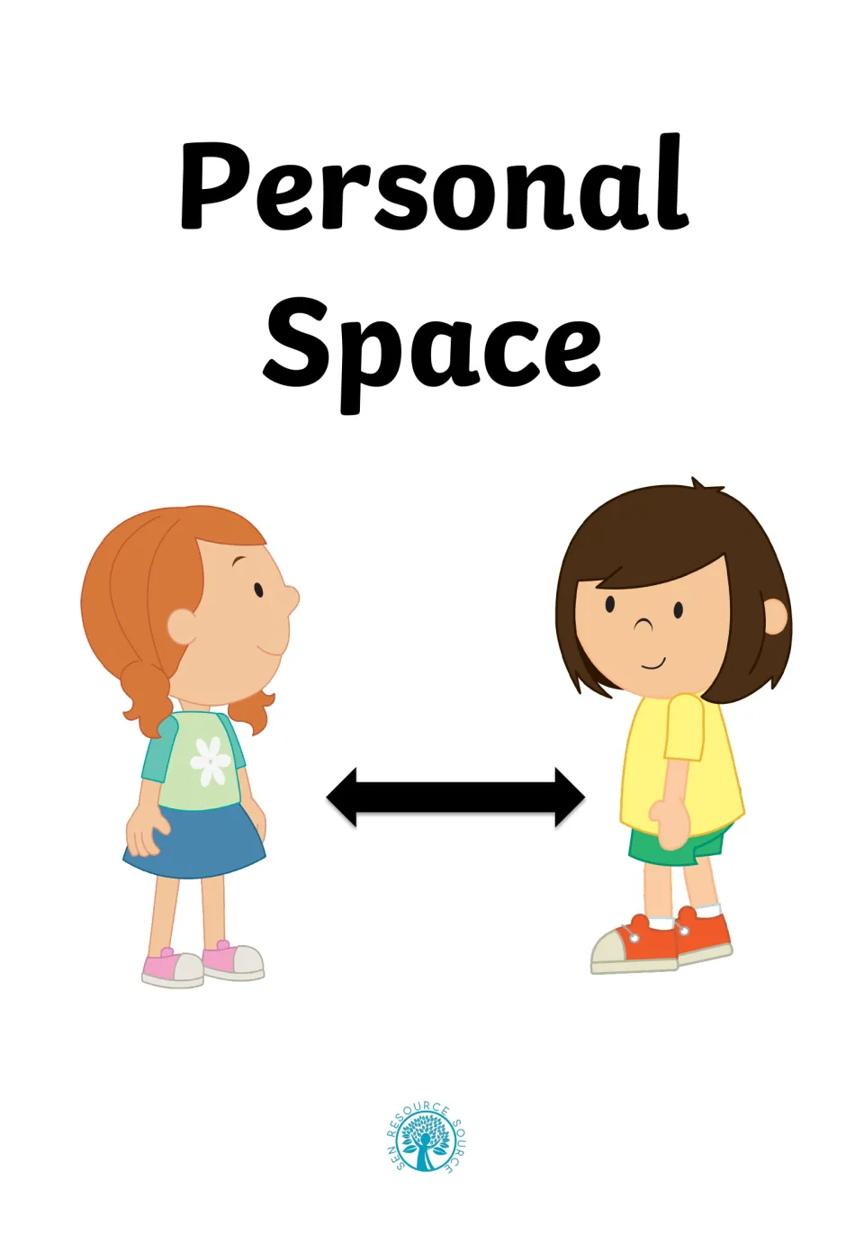 Personal Space social story cover: two cartoon girls stand apart with a double-headed arrow showing the gap between them