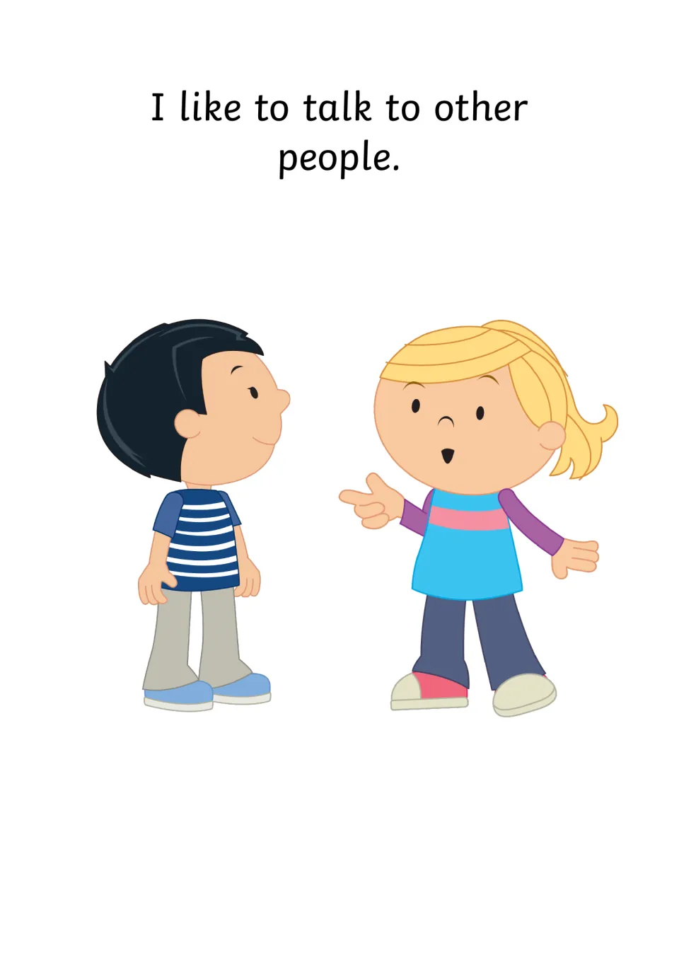 Social story opening: a girl points and chats with a boy beside the sentence 'I like to talk to other people.'