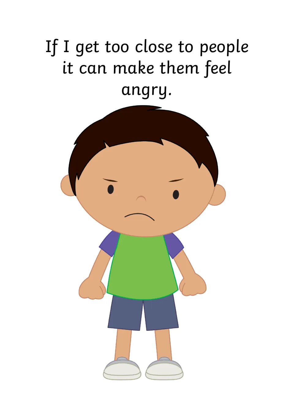 Anger page: a frowning boy with clenched fists illustrates that crowding others can make them feel angry