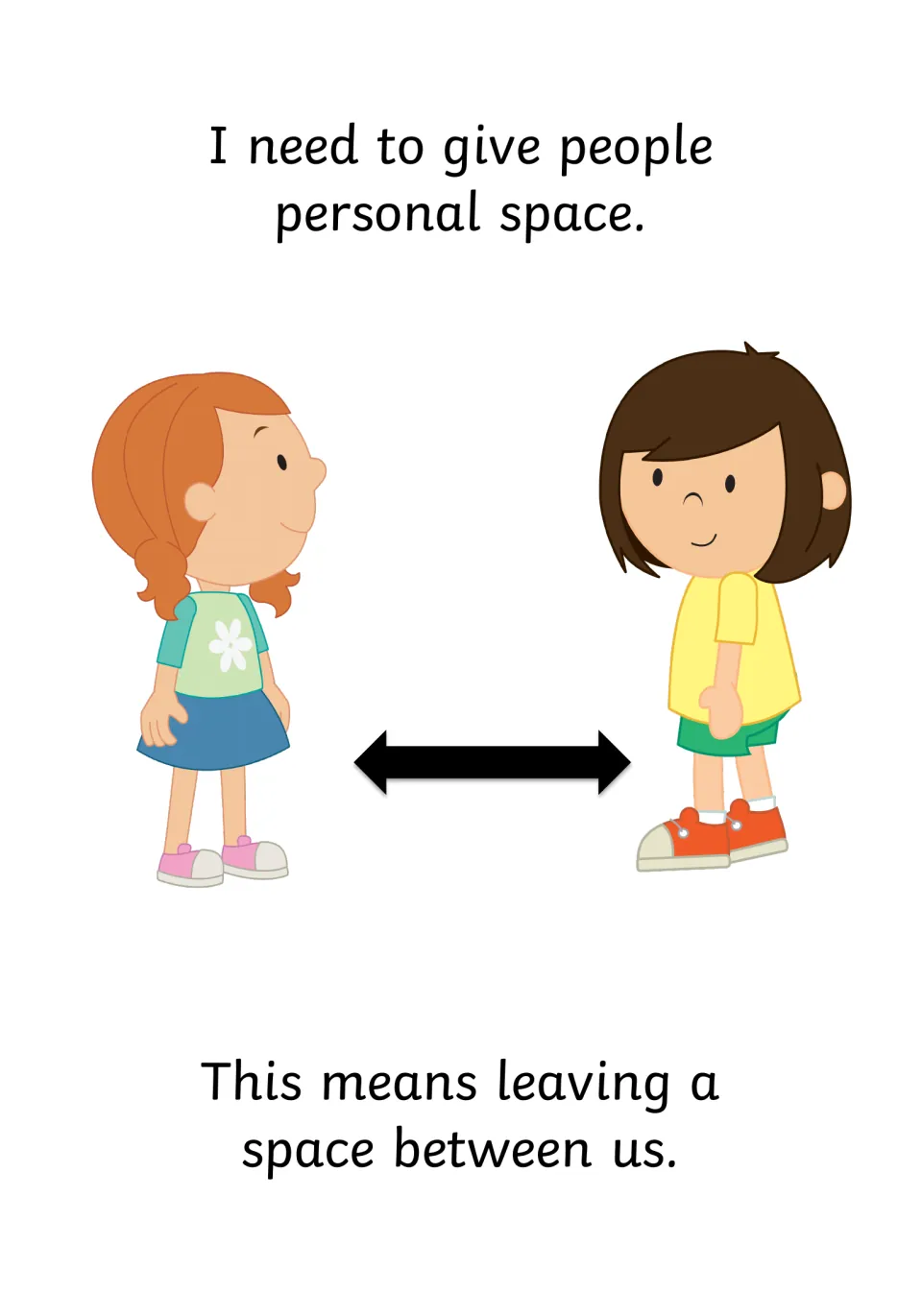 Defining the idea: two smiling girls stand apart with an arrow, explaining it means leaving a gap between us
