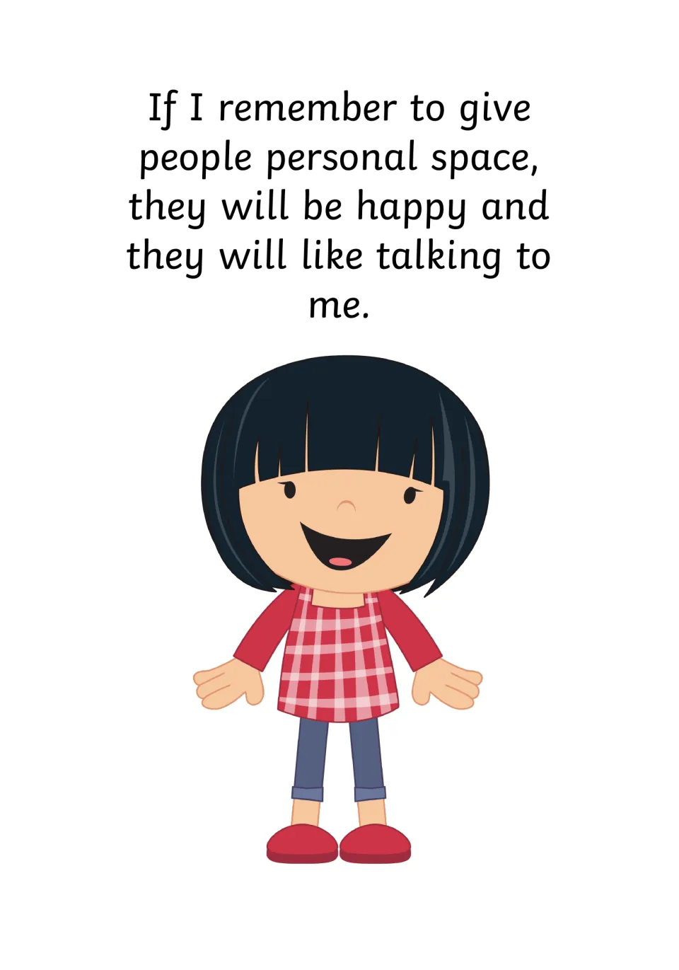 Closing page: a smiling girl in a red checked top shows people will be happy and enjoy talking when given room