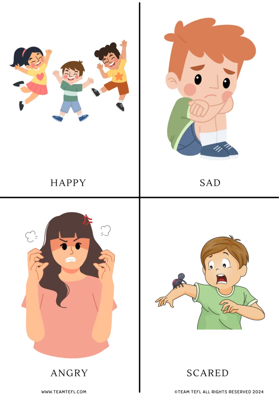 Feelings flashcards 1–4: happy, sad, angry, and scared, illustrated by people expressing each emotion