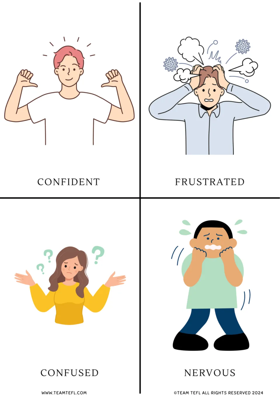 Vocabulary flashcards 5–8: confident, frustrated, confused, and nervous, each paired with a person
