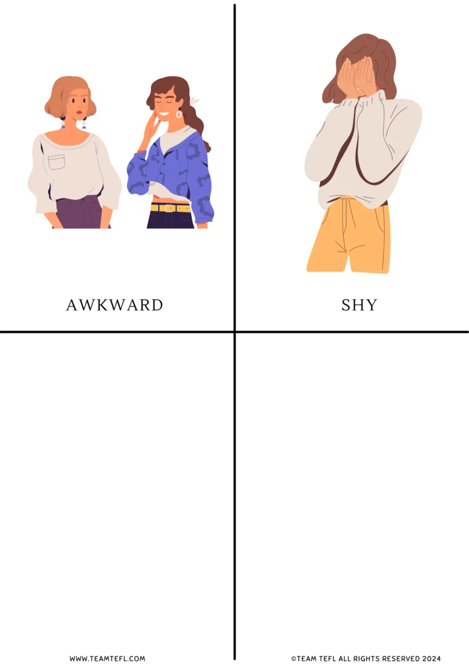 Vocabulary flashcards 9–10: awkward, showing two people together, and shy, showing a person hiding her face