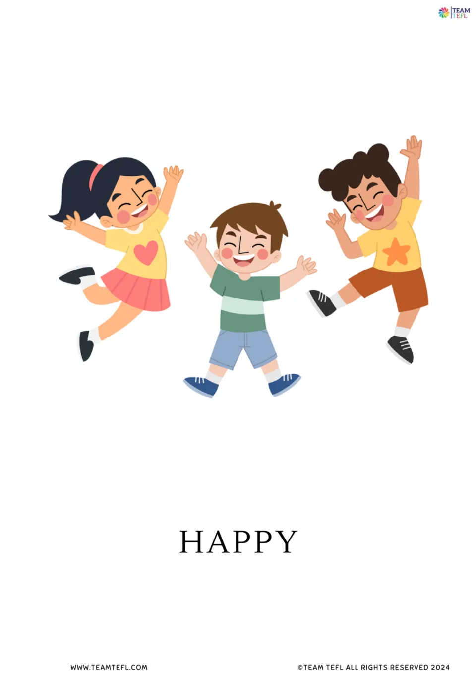 Full-page happy flashcard from the feelings vocabulary set, showing three smiling children jumping