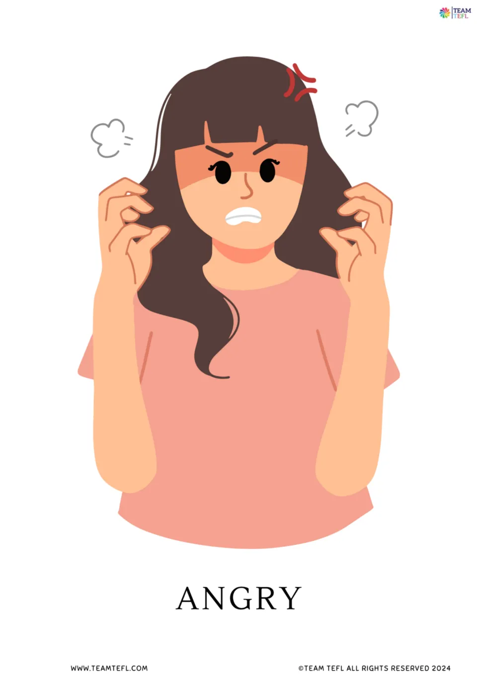 Full-page angry flashcard from the feelings vocabulary set, showing a person with raised hands and a scowl