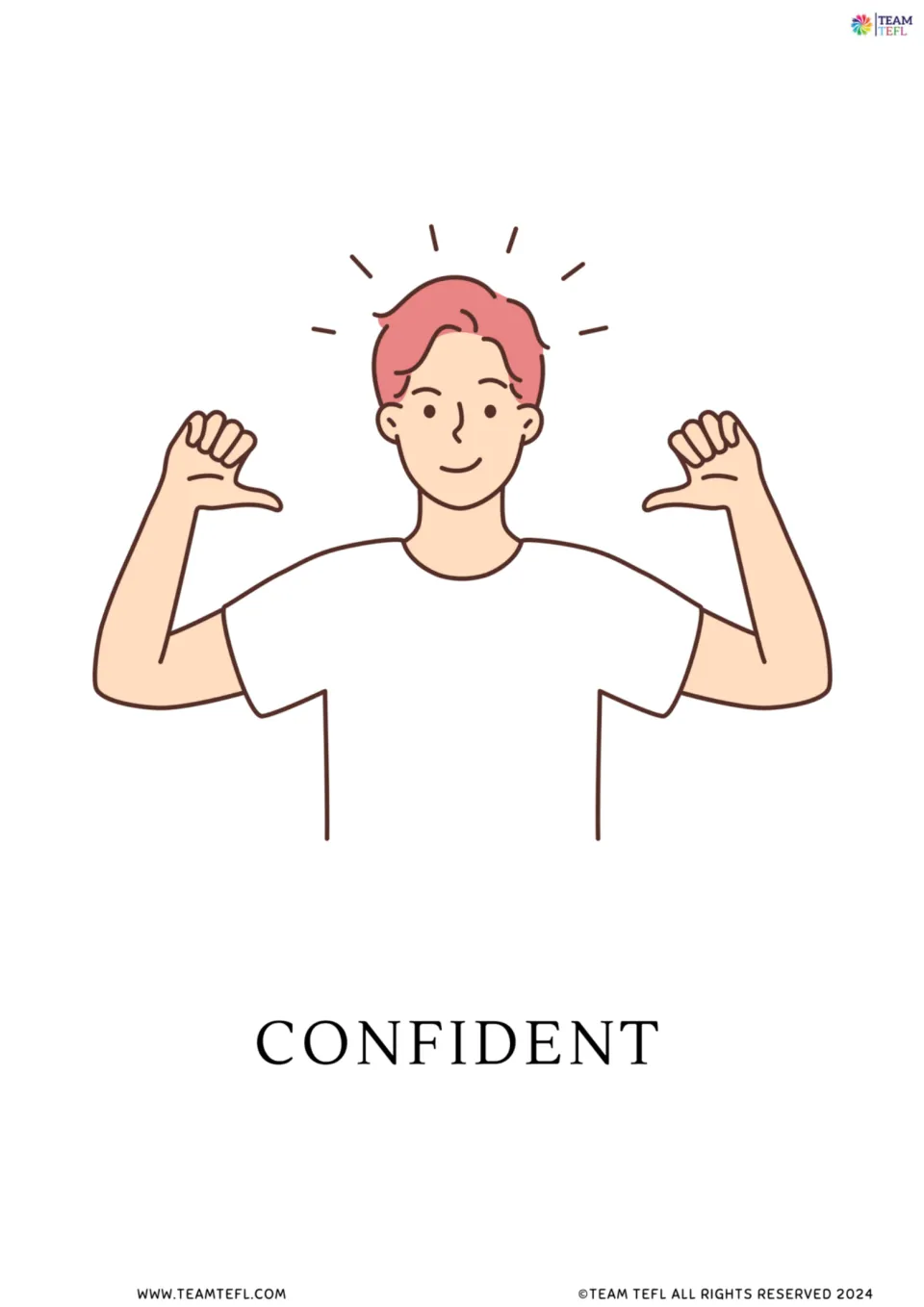 Full-page confident flashcard from the personality and feelings set, showing a person pointing to himself