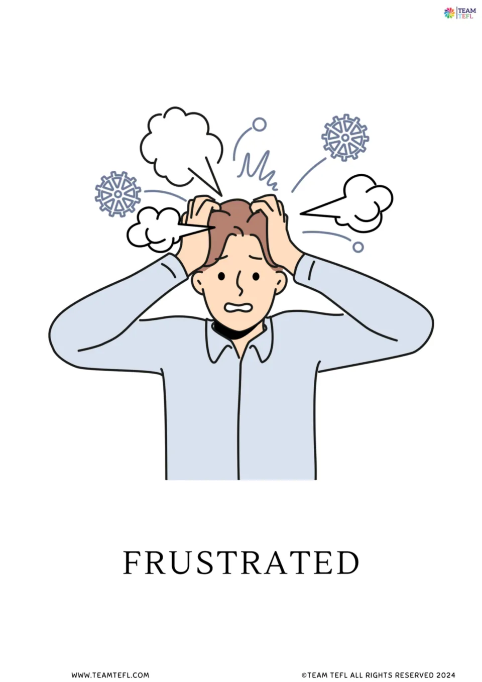 Full-page frustrated flashcard from the feelings vocabulary set, showing a person clutching his head