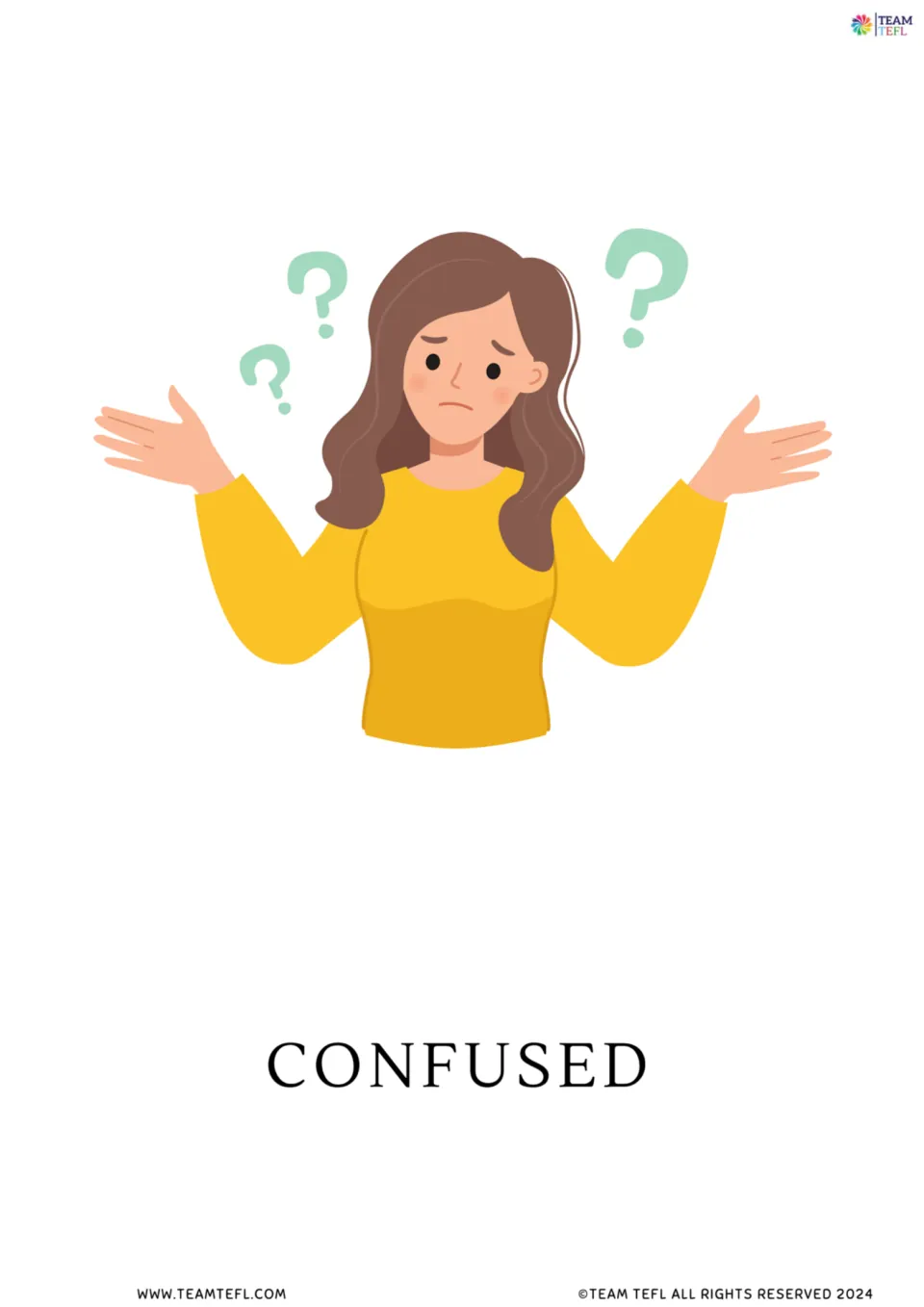 Full-page confused flashcard from the feelings vocabulary set, showing a person shrugging with palms up