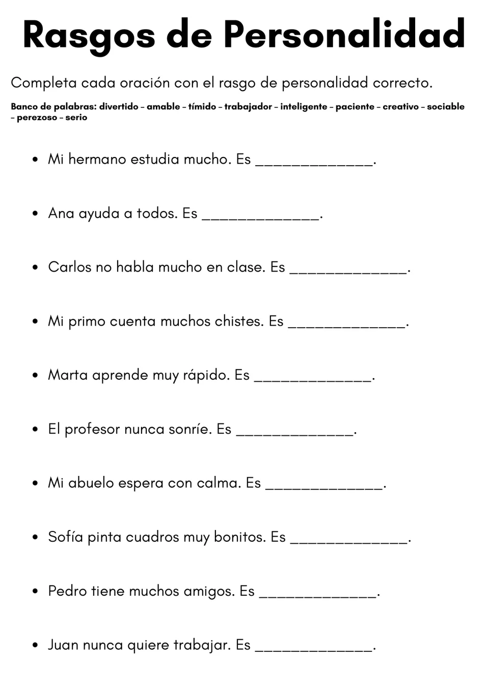 Rasgos de Personalidad: students complete 10 Spanish sentences using a word bank of traits like amable, tímido and serio
