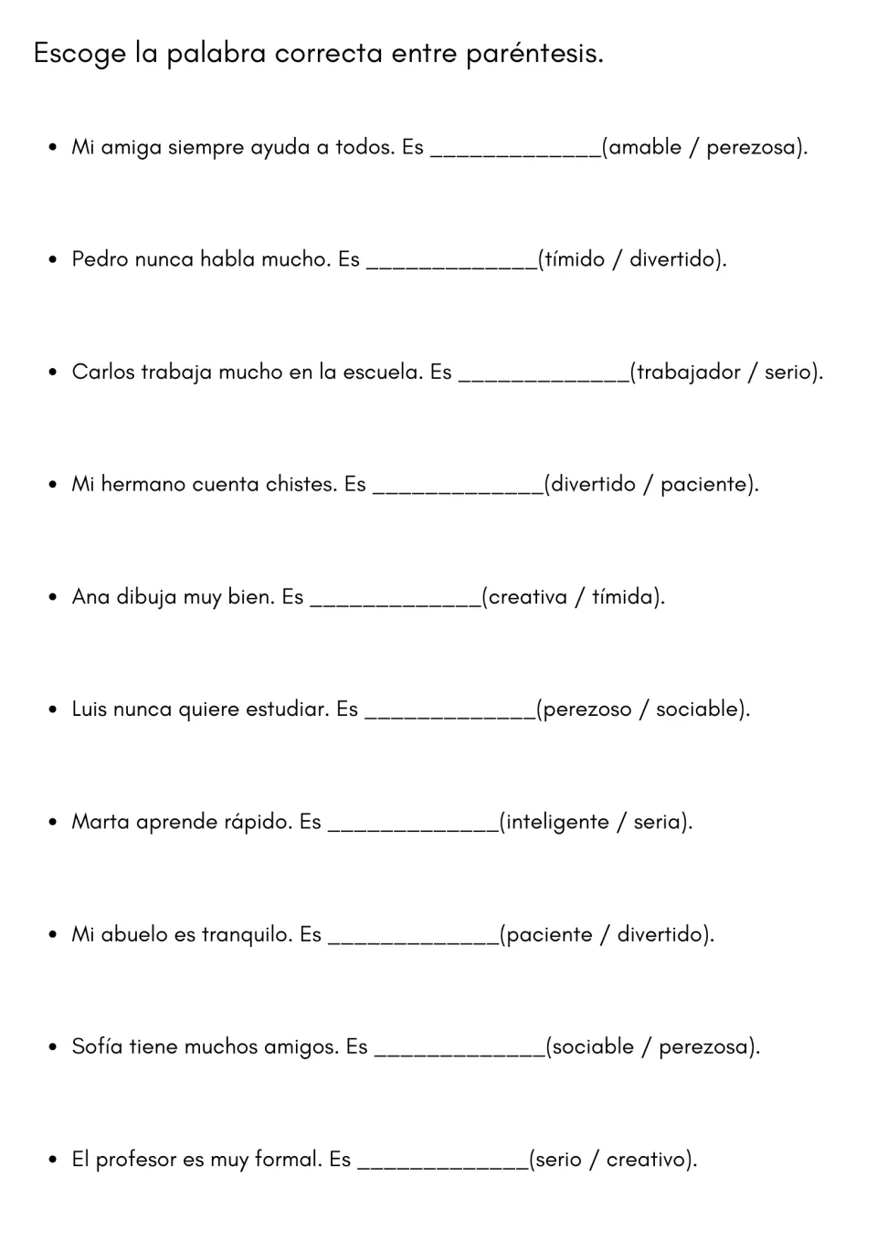 Spanish personality adjectives: students choose the correct trait in parentheses, like amable or perezosa, in 10 sentences