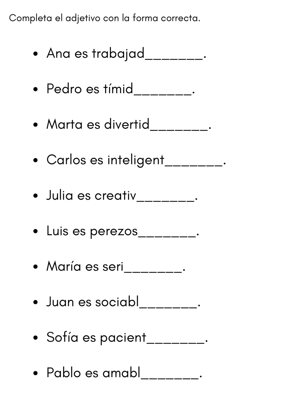 Adjective gender agreement: students add the correct ending to traits like trabajad_, tímid_ and seri_ for 10 named people