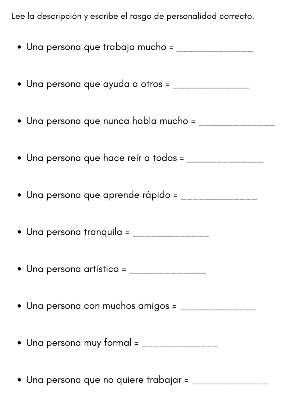 Trait definitions in Spanish: students read 10 short descriptions, like una persona artística, and write the matching trait