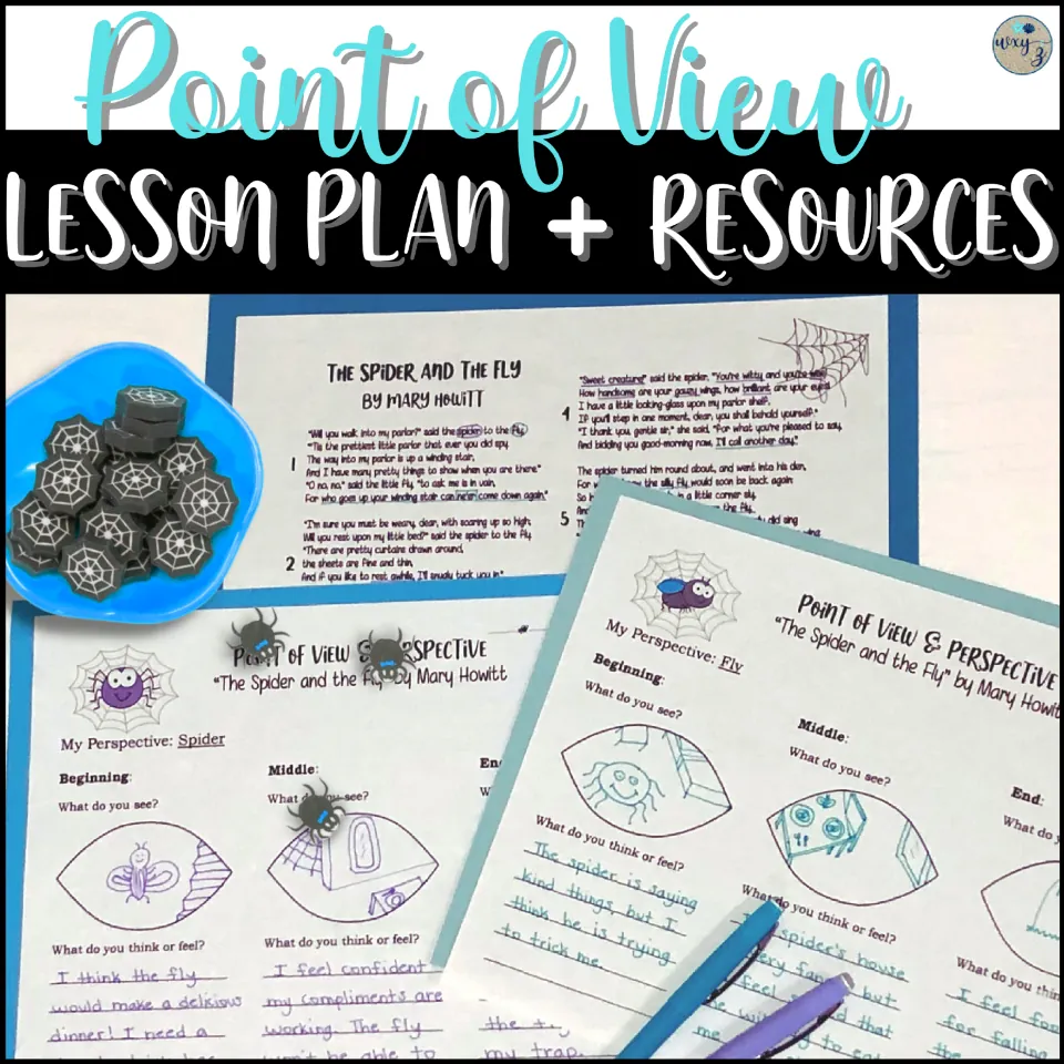 Reading lesson cover titled 'Point of View': poem text and completed spider and fly perspective responses