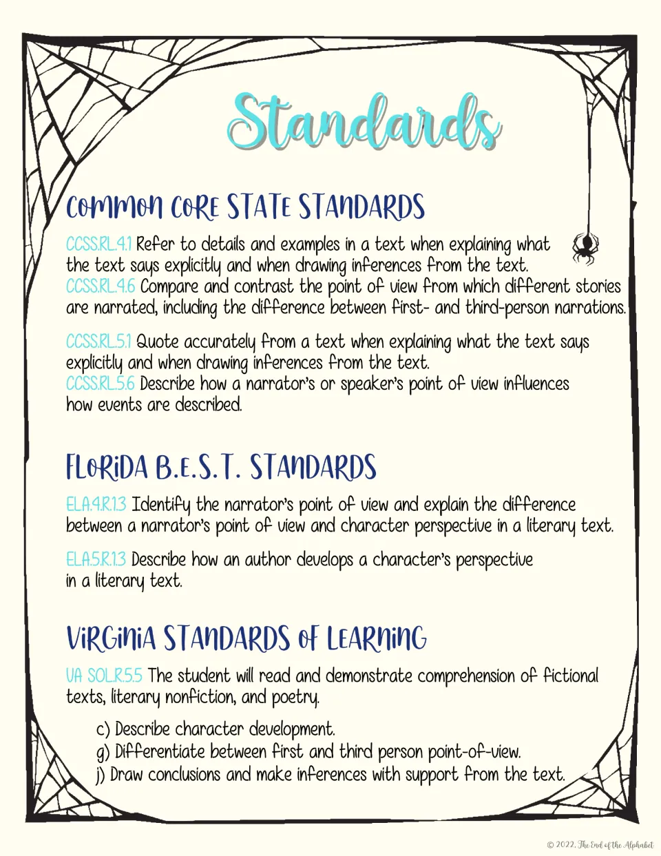 Reading lesson standards list Common Core, Florida B.E.S.T., and Virginia targets for literary analysis