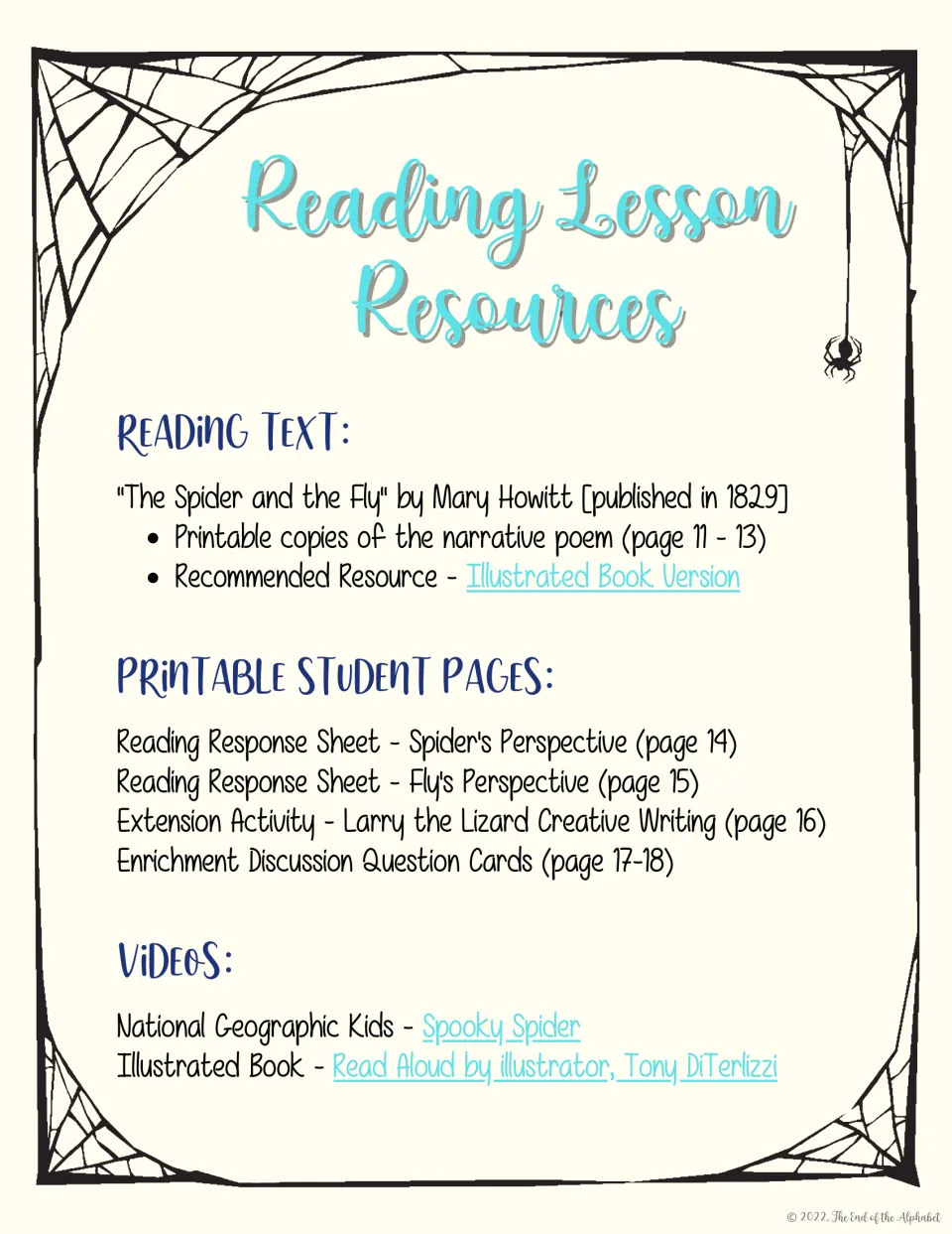 Reading lesson resource list names Mary Howitt's poem, character response sheets, discussion cards, and videos